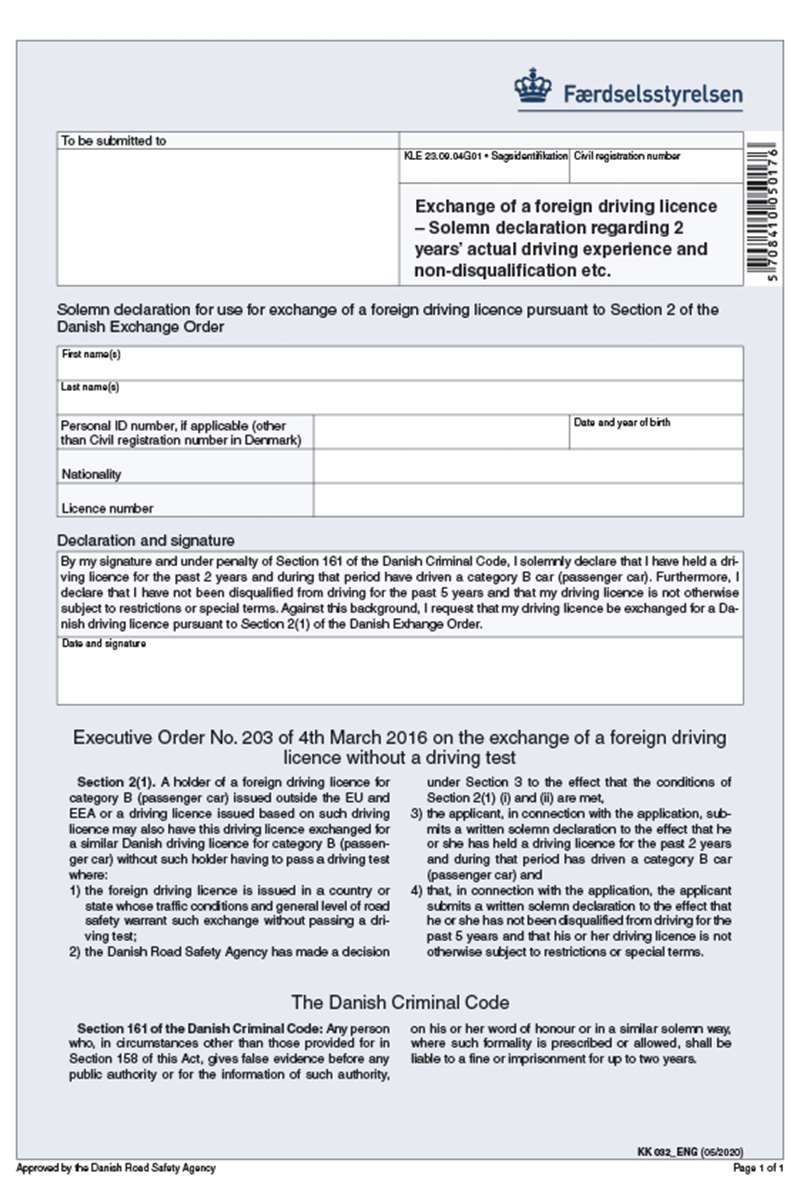 Exchange of a foreign driving licence Solemn declaration regarding 2